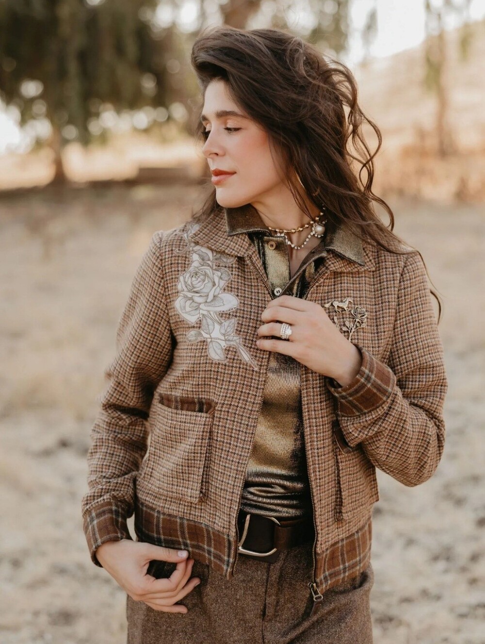 NWT Rodeo Quincy Johnny Jacket Women's Brown Plaid W/Embroidered Horse Patch XL